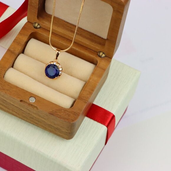 "Royal Blue Round Pendant with Sparkling Accents in Gold Finish, XPPT1647 - Picture 8 of 13